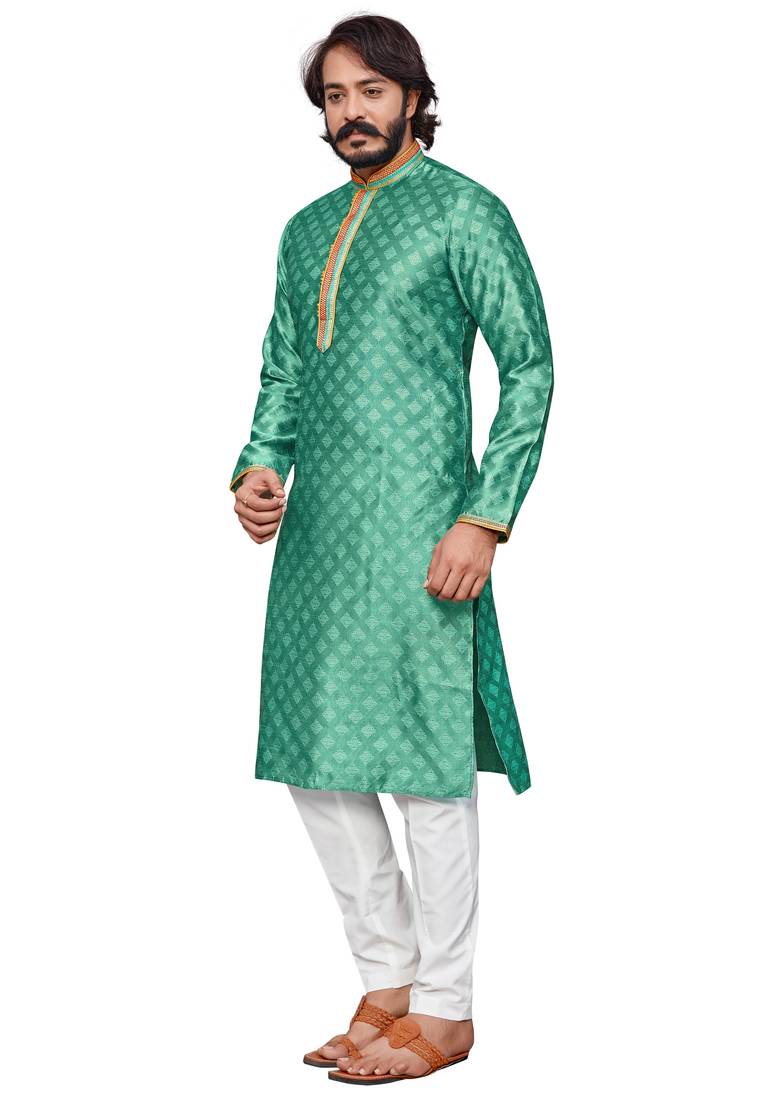 Teal Blue color Self Design jacquard cotton kurta with payjama