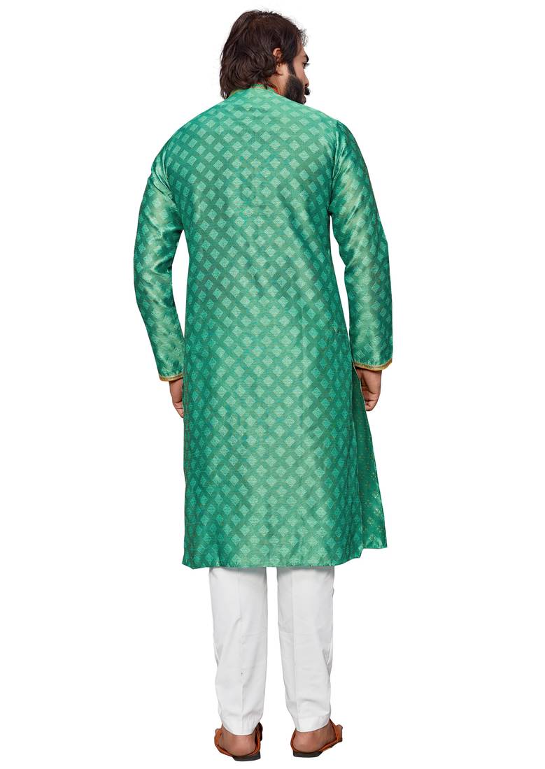 Teal Blue color Self Design jacquard cotton kurta with payjama