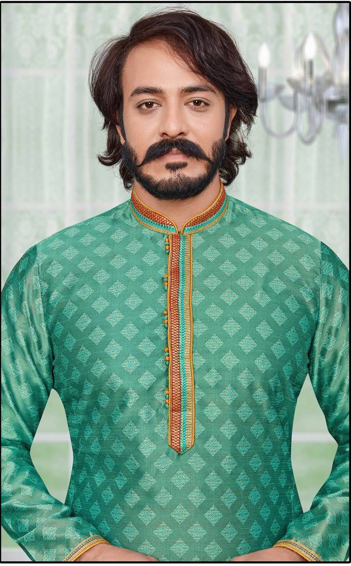 Teal Blue color Self Design jacquard cotton kurta with payjama