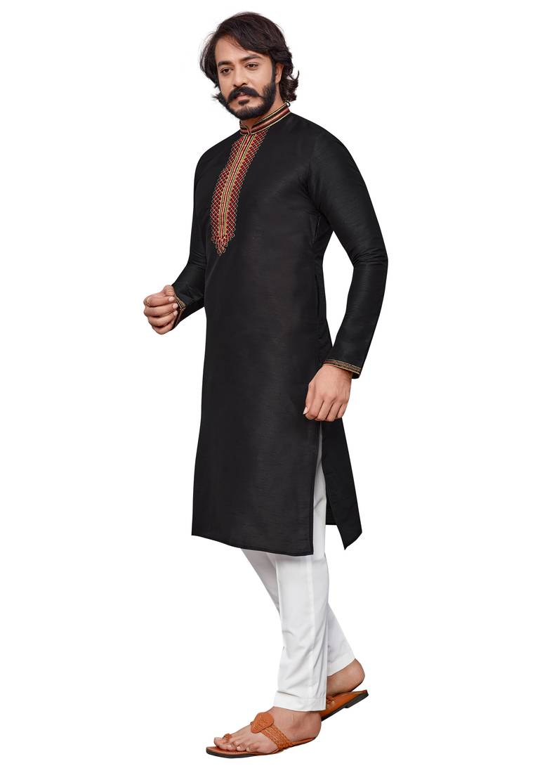Black color hand cottan silk kurta with payjama
