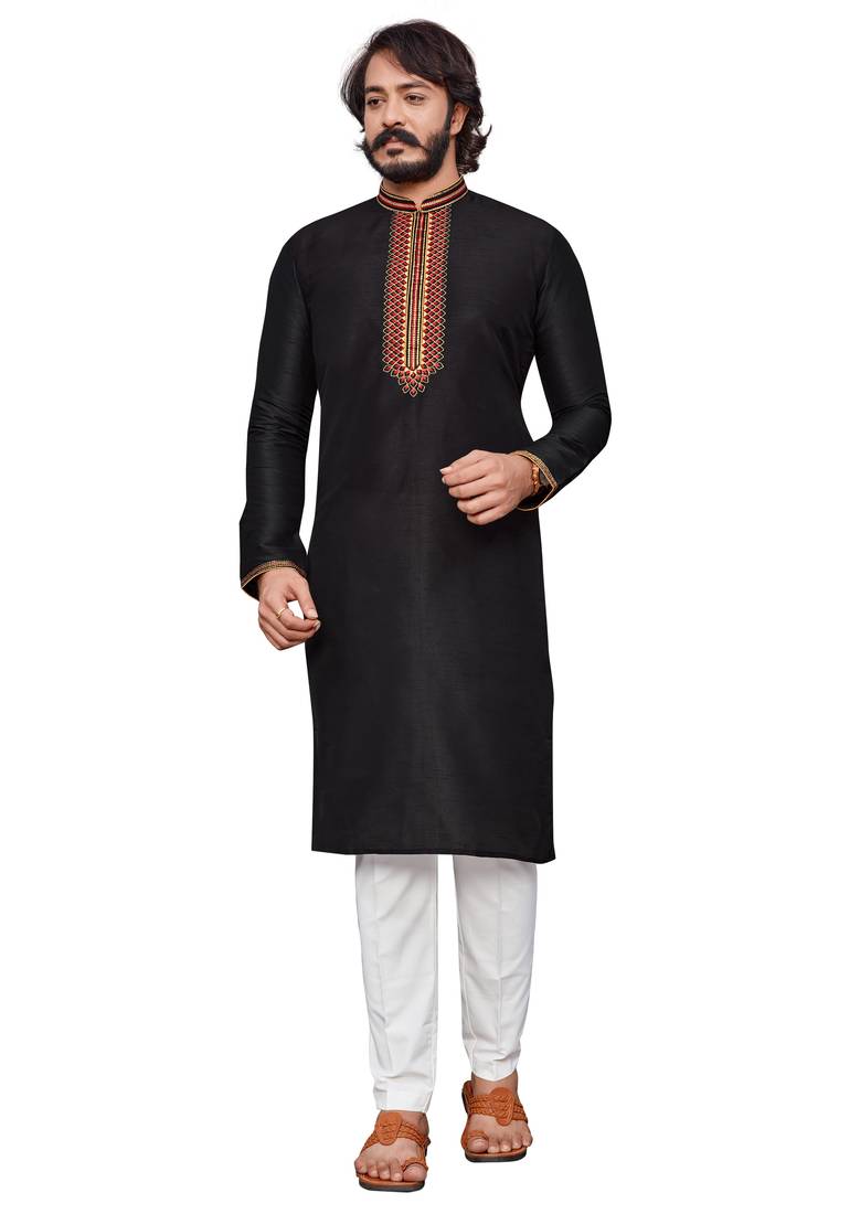 Black color hand cottan silk kurta with payjama