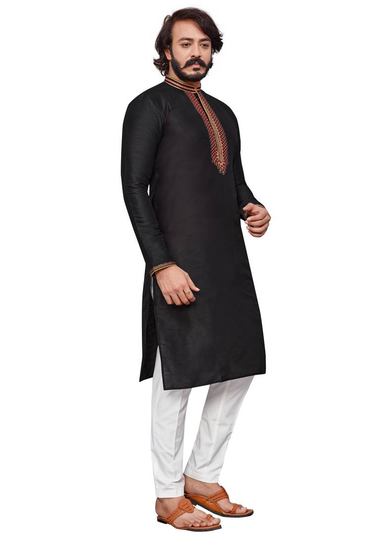 Black color hand cottan silk kurta with payjama