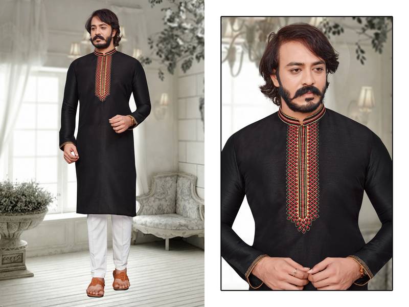 Black color hand cottan silk kurta with payjama