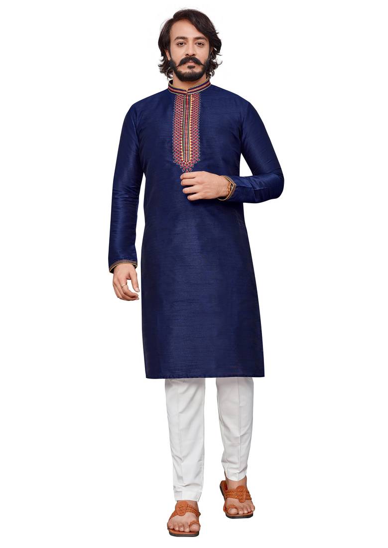 Blue color hand cottan silk kurta with payjama