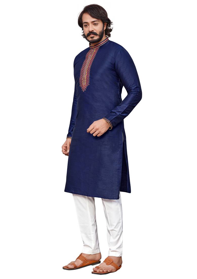 Blue color hand cottan silk kurta with payjama