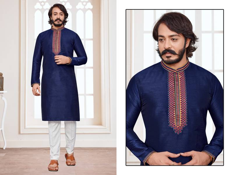 Blue color hand cottan silk kurta with payjama