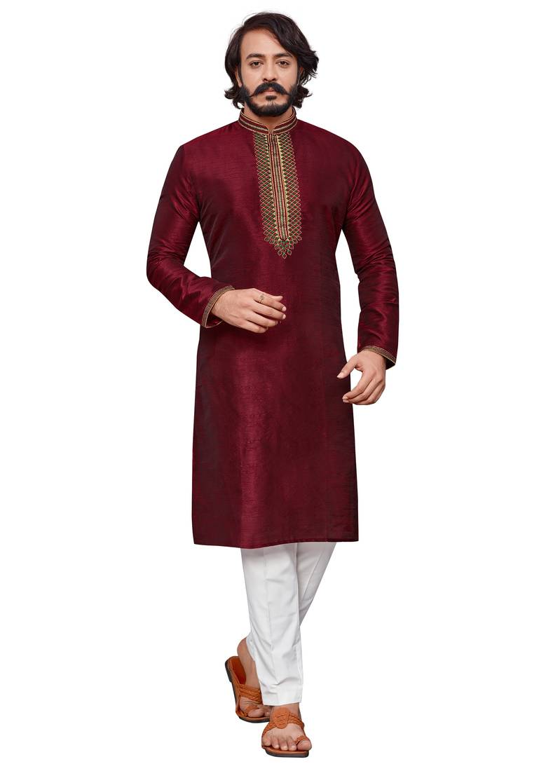 Maroon color hand cottan silk kurta with payjama