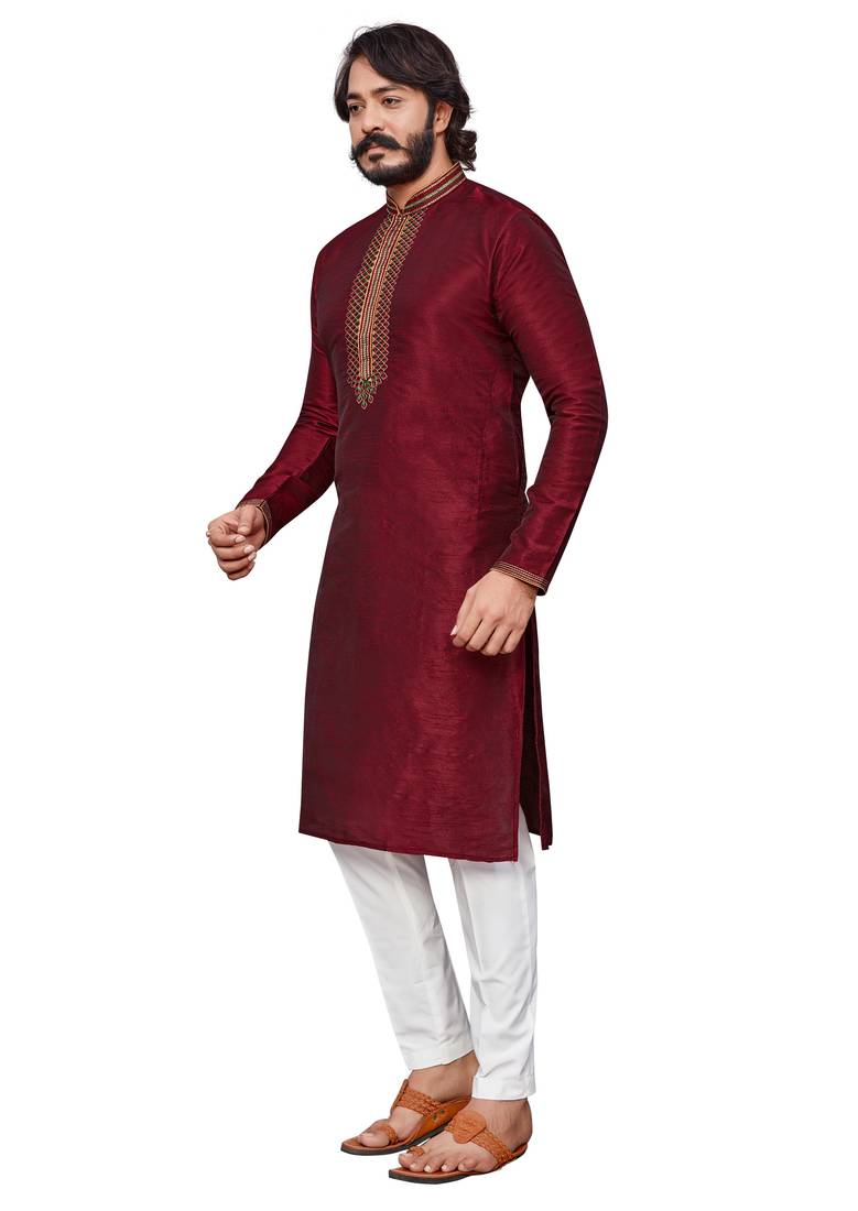 Maroon color hand cottan silk kurta with payjama