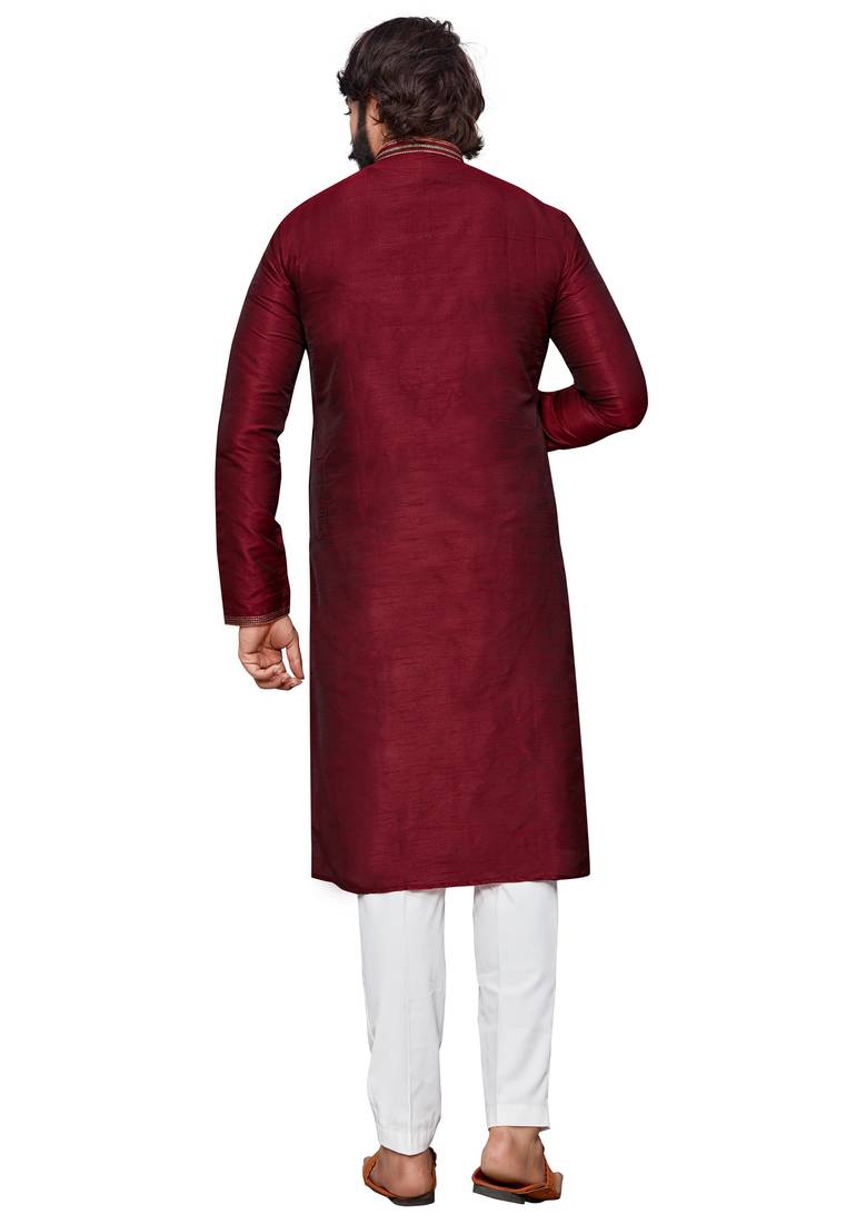 Maroon color hand cottan silk kurta with payjama