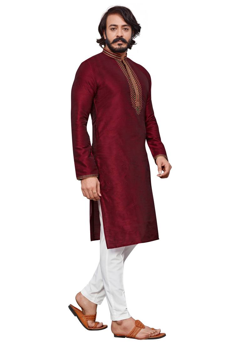 Maroon color hand cottan silk kurta with payjama