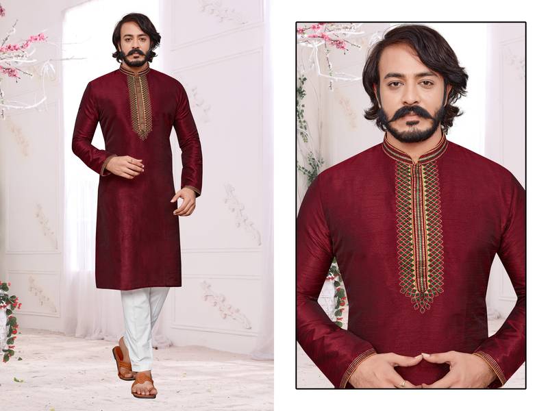 Maroon color hand cottan silk kurta with payjama