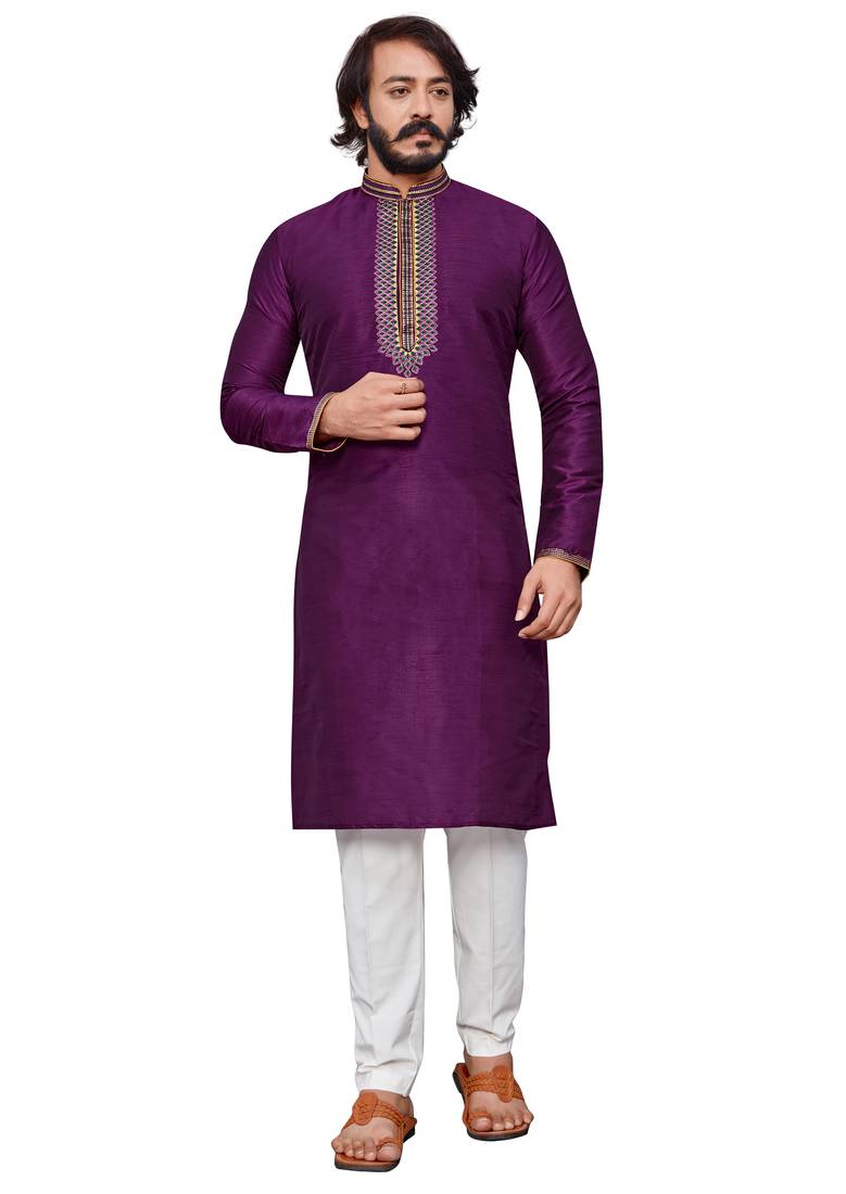 Wine color hand cottan silk kurta with payjama