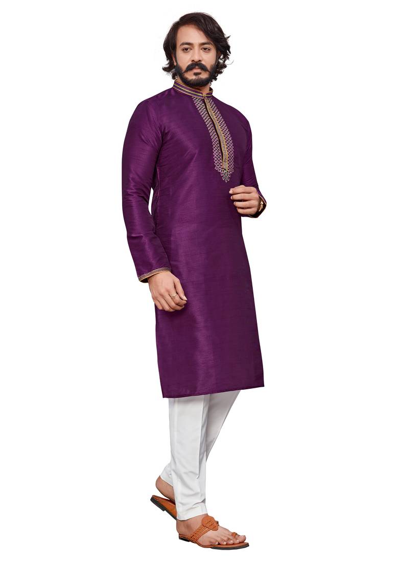 Wine color hand cottan silk kurta with payjama
