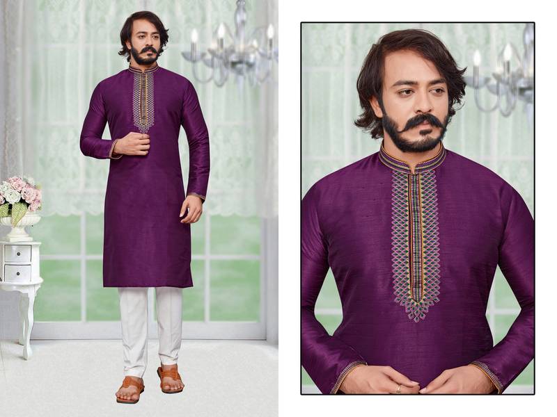 Wine color hand cottan silk kurta with payjama