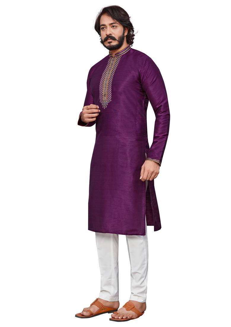Wine color hand cottan silk kurta with payjama