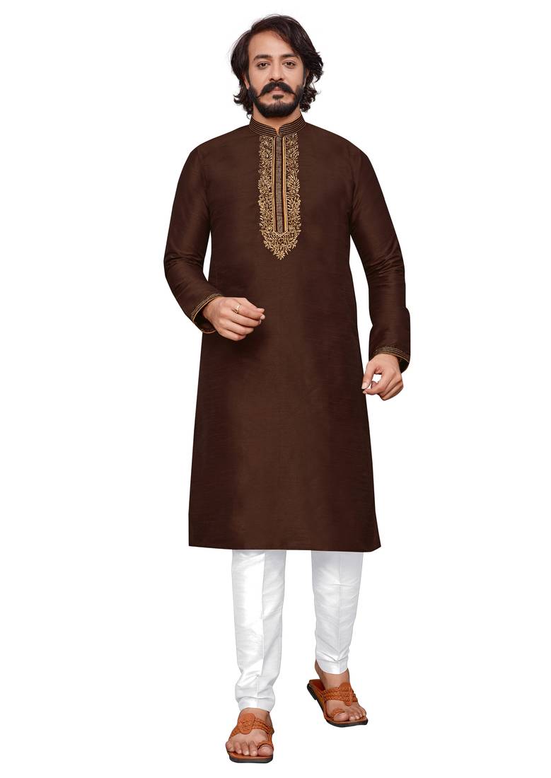 Coffee color hand cottan silk kurta with payjama