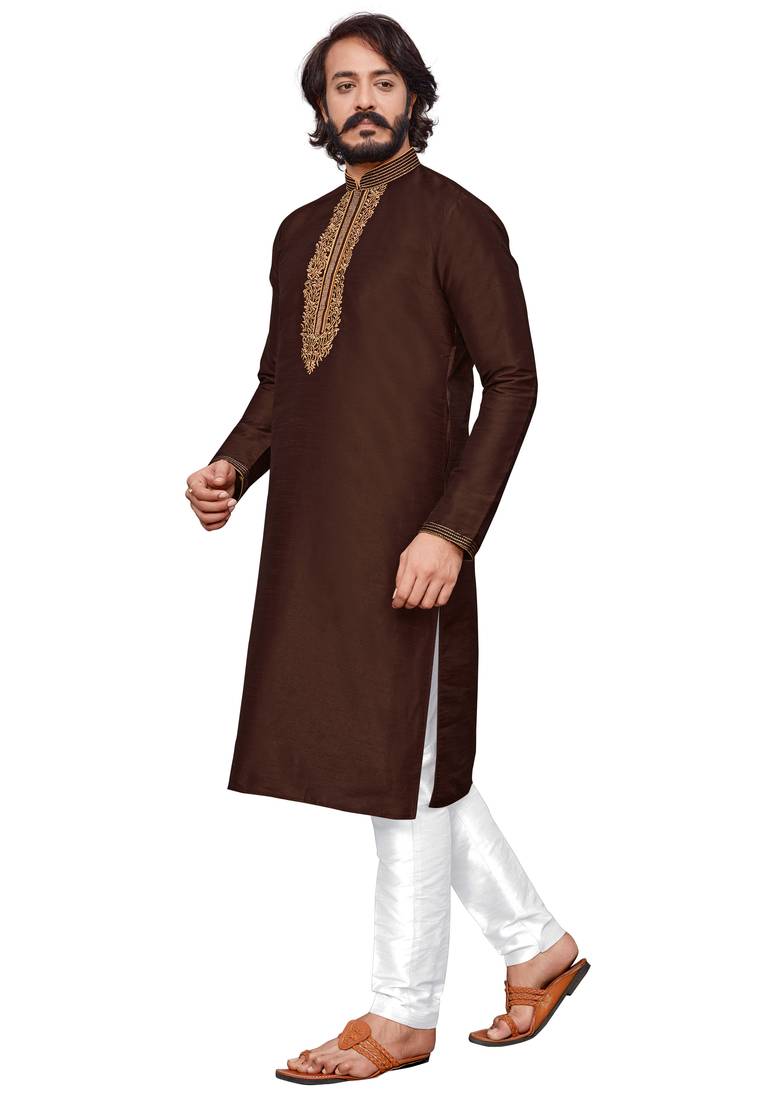 Coffee color hand cottan silk kurta with payjama