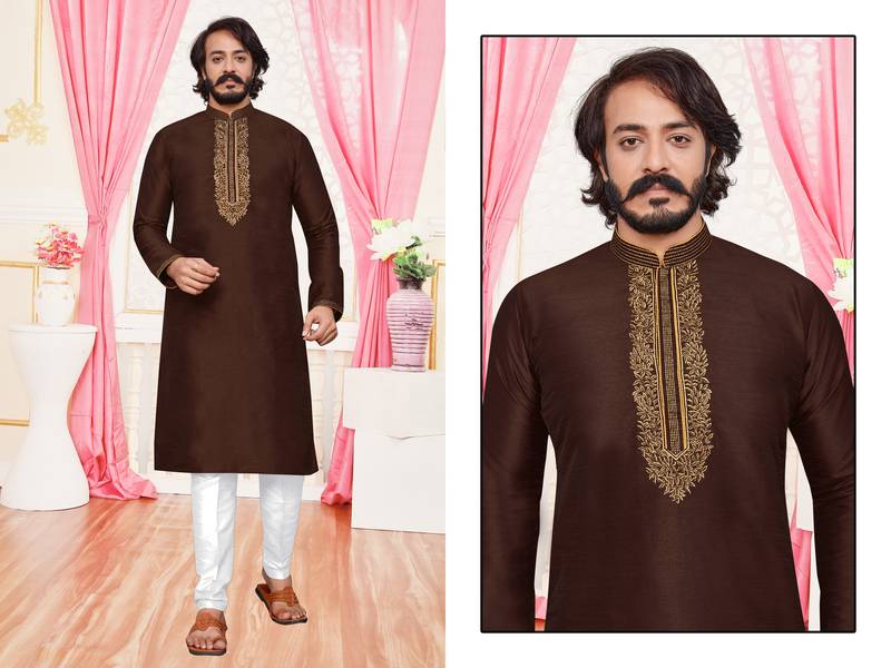 Coffee color hand cottan silk kurta with payjama