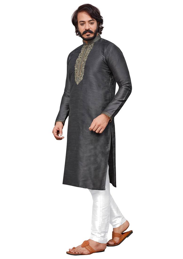 Grey color hand cottan silk kurta with payjama