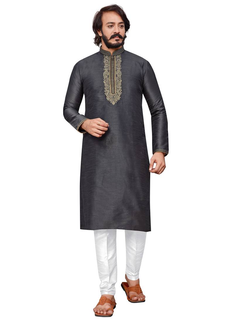 Grey color hand cottan silk kurta with payjama