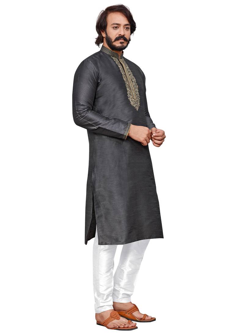 Grey color hand cottan silk kurta with payjama