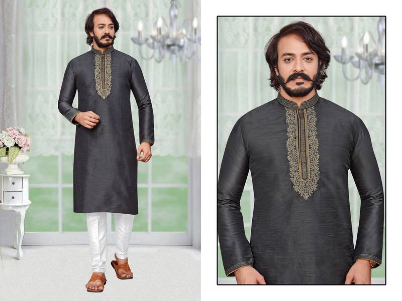 Grey color hand cottan silk kurta with payjama