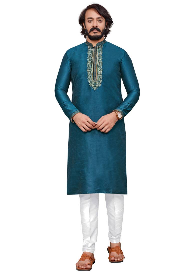 Mor Pichh color hand cottan silk kurta with payjama