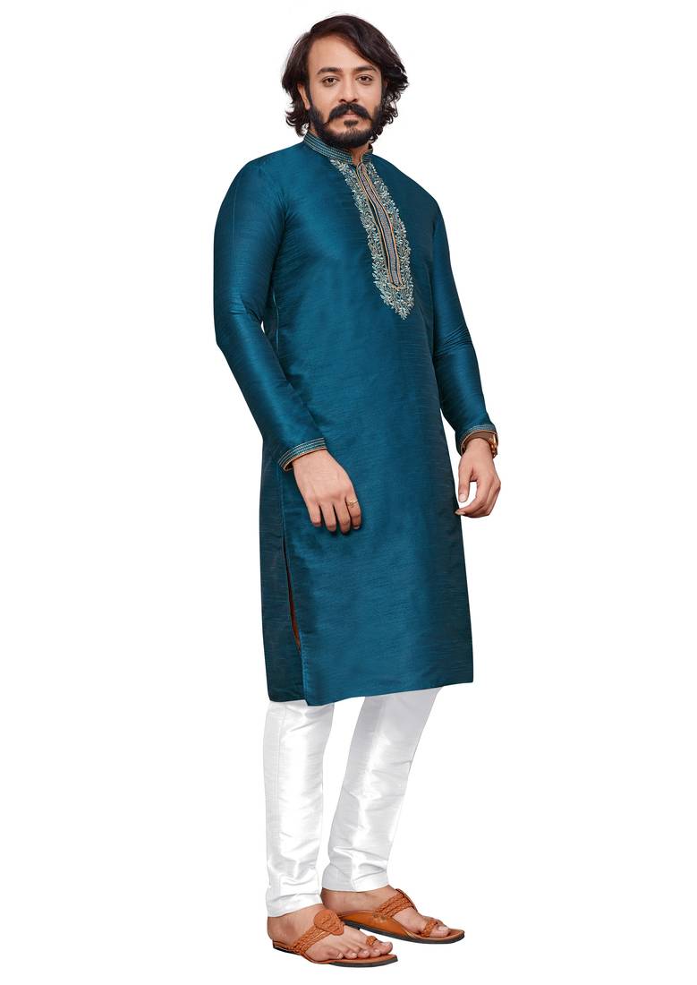 Mor Pichh color hand cottan silk kurta with payjama