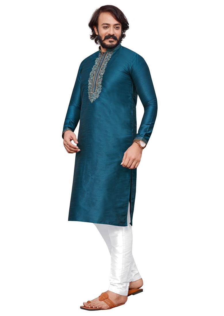 Mor Pichh color hand cottan silk kurta with payjama
