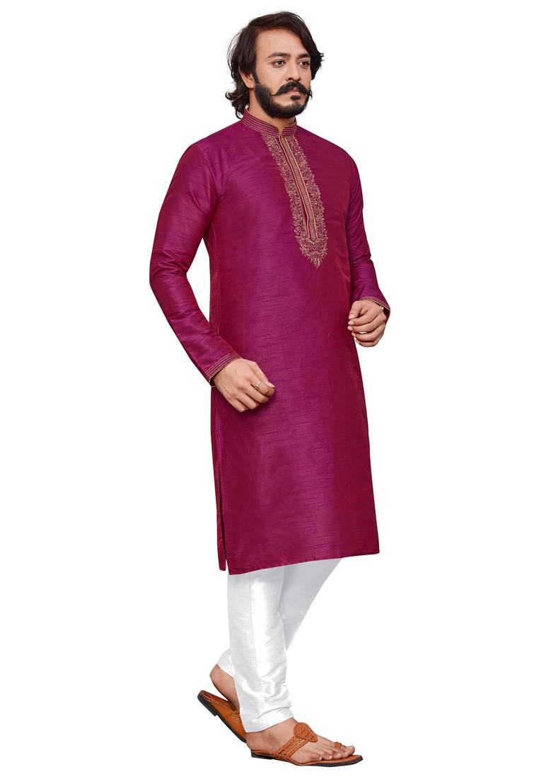 Pink color hand cottan silk kurta with payjama