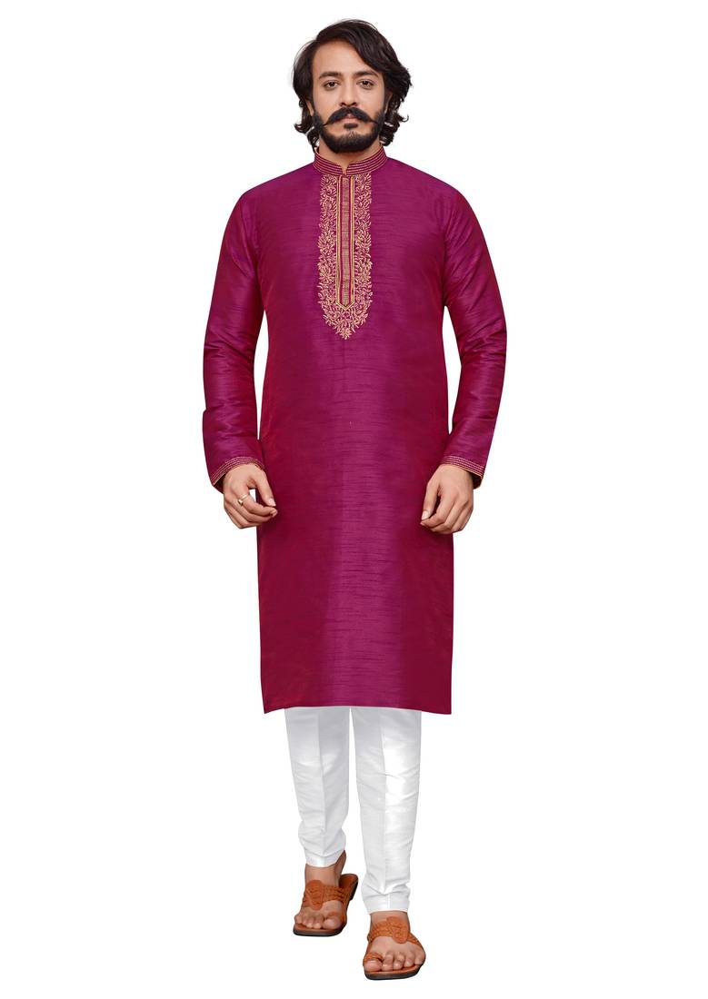 Pink color hand cottan silk kurta with payjama
