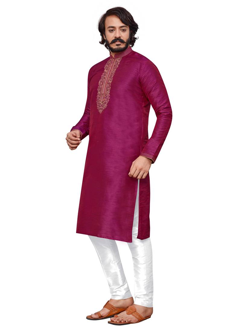 Pink color hand cottan silk kurta with payjama