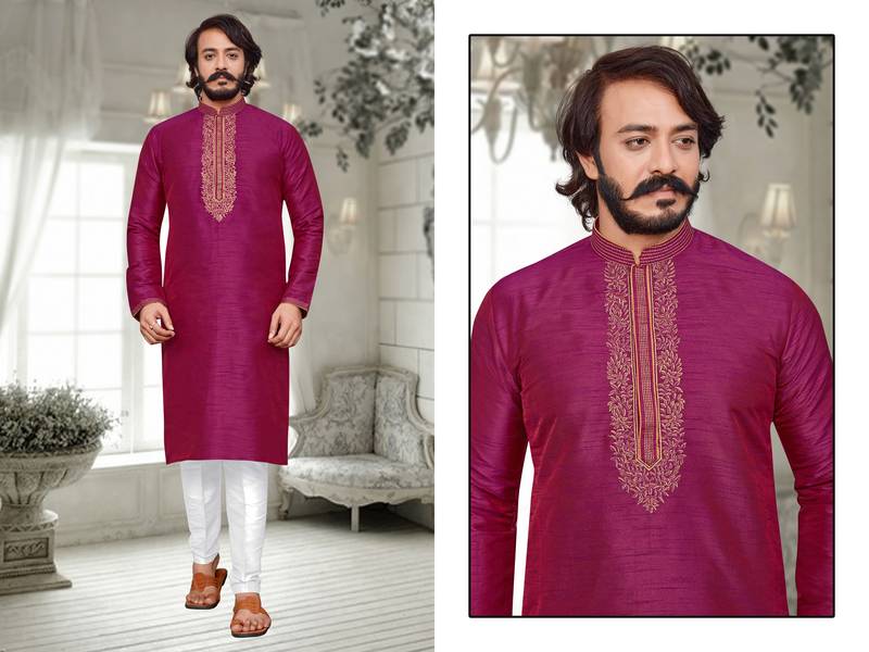 Pink color hand cottan silk kurta with payjama
