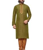 Mehendi color hand cottan silk kurta with payjama