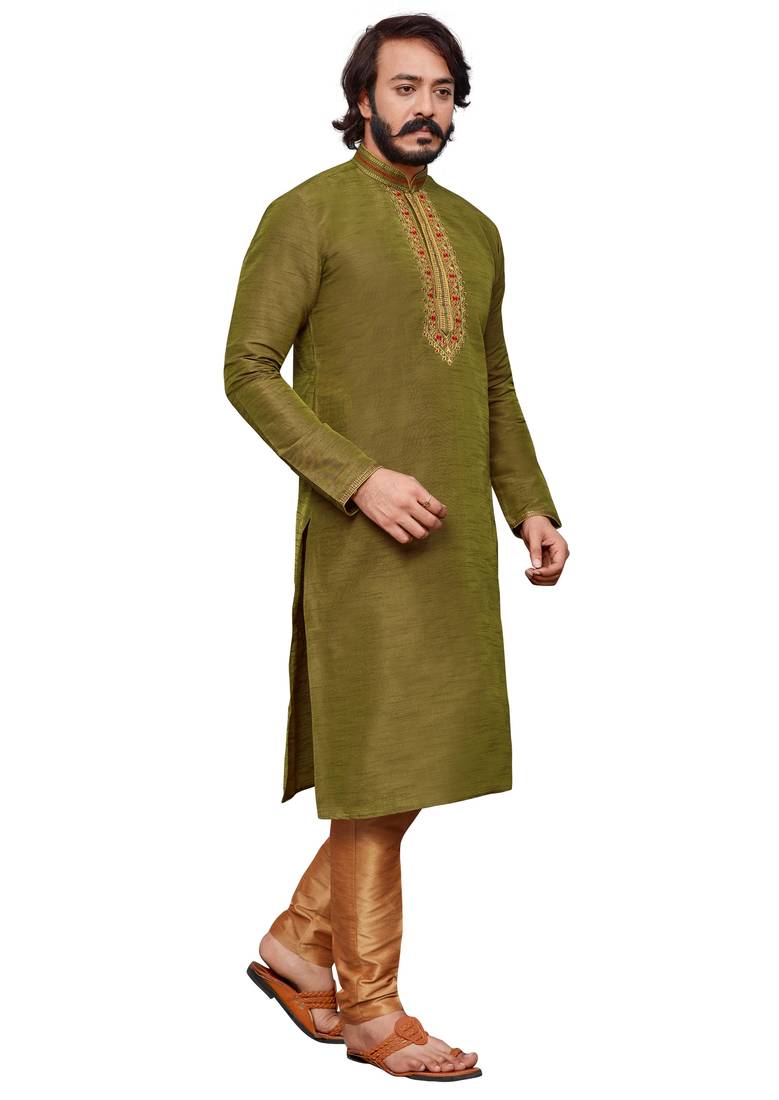 Mehendi color hand cottan silk kurta with payjama