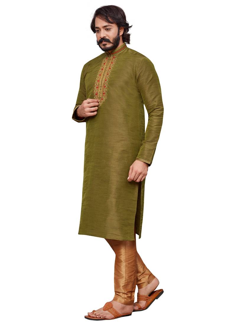 Mehendi color hand cottan silk kurta with payjama