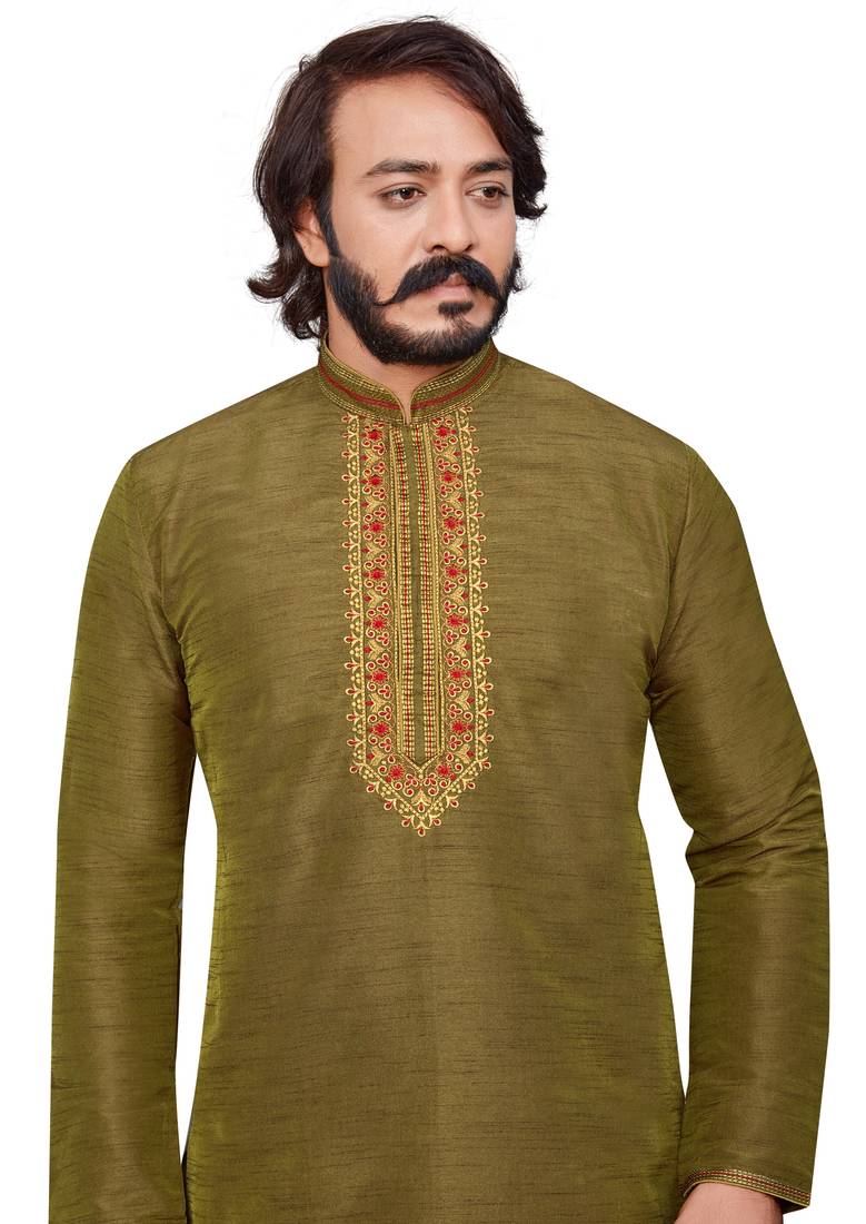 Mehendi color hand cottan silk kurta with payjama