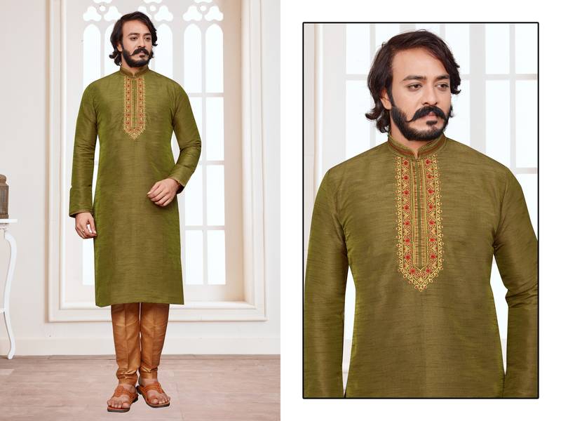 Mehendi color hand cottan silk kurta with payjama
