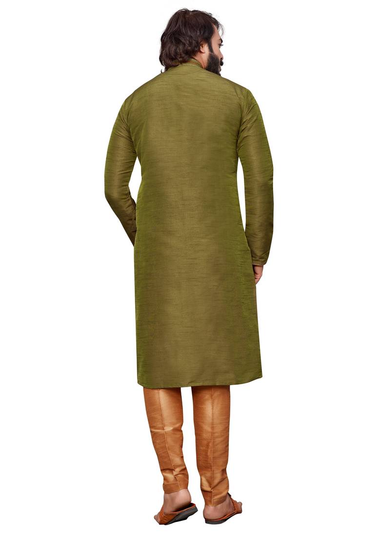 Mehendi color hand cottan silk kurta with payjama