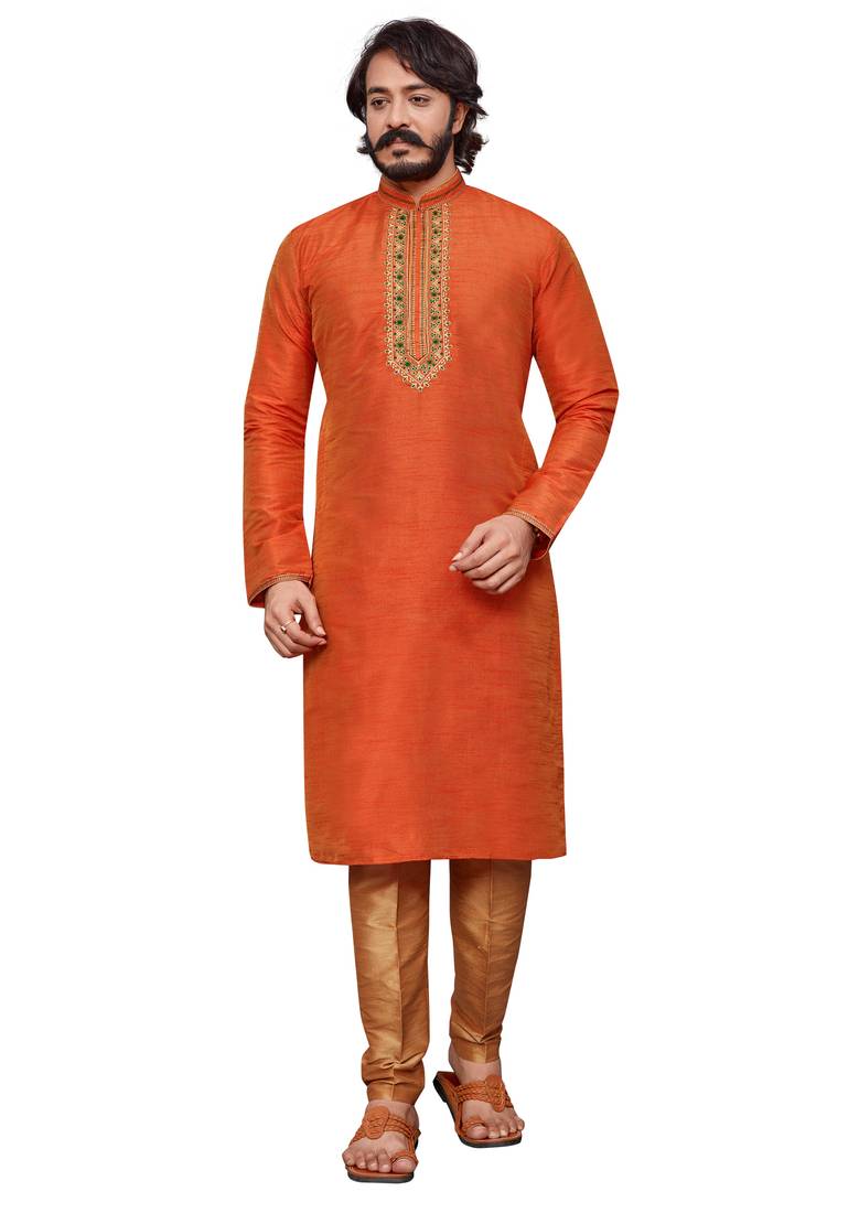 Oraage color hand cottan silk kurta with payjama