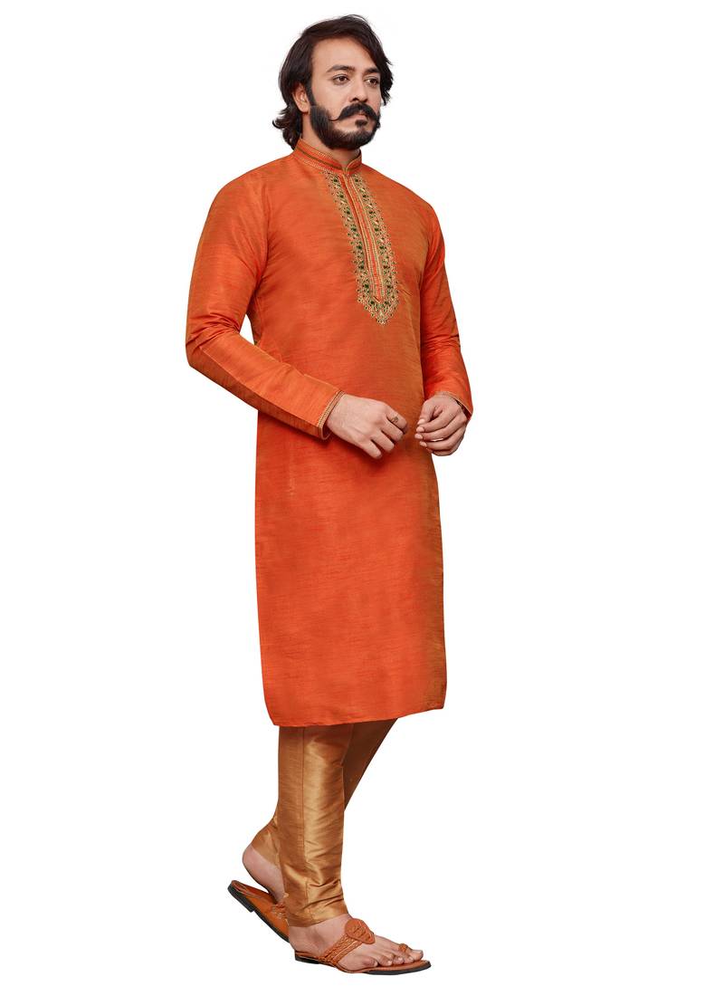 Oraage color hand cottan silk kurta with payjama