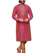 Pink color hand cottan silk kurta with payjama