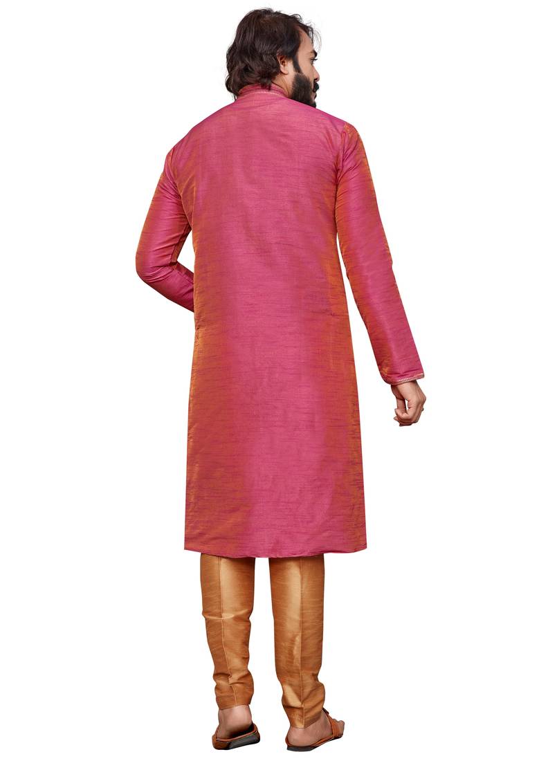 Pink color hand cottan silk kurta with payjama