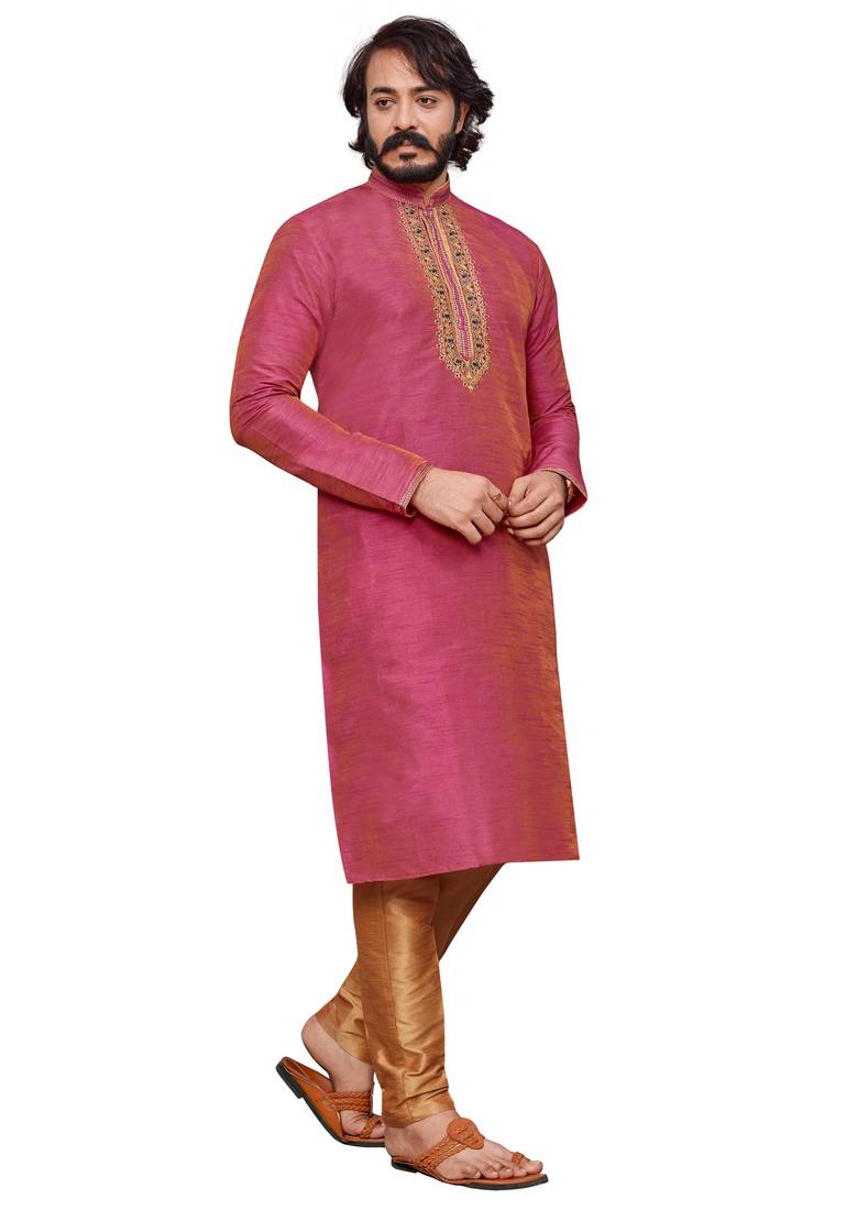 Pink color hand cottan silk kurta with payjama