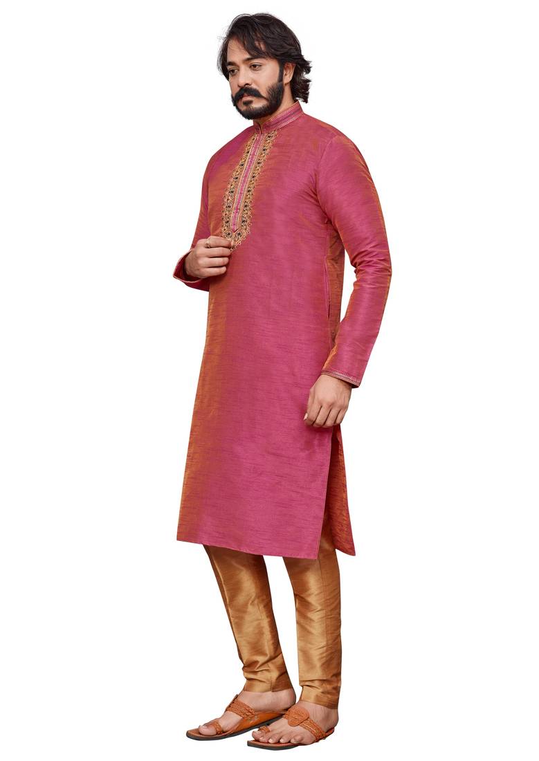 Pink color hand cottan silk kurta with payjama