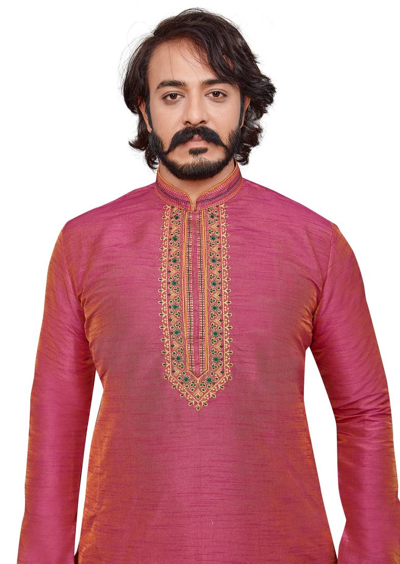 Pink color hand cottan silk kurta with payjama