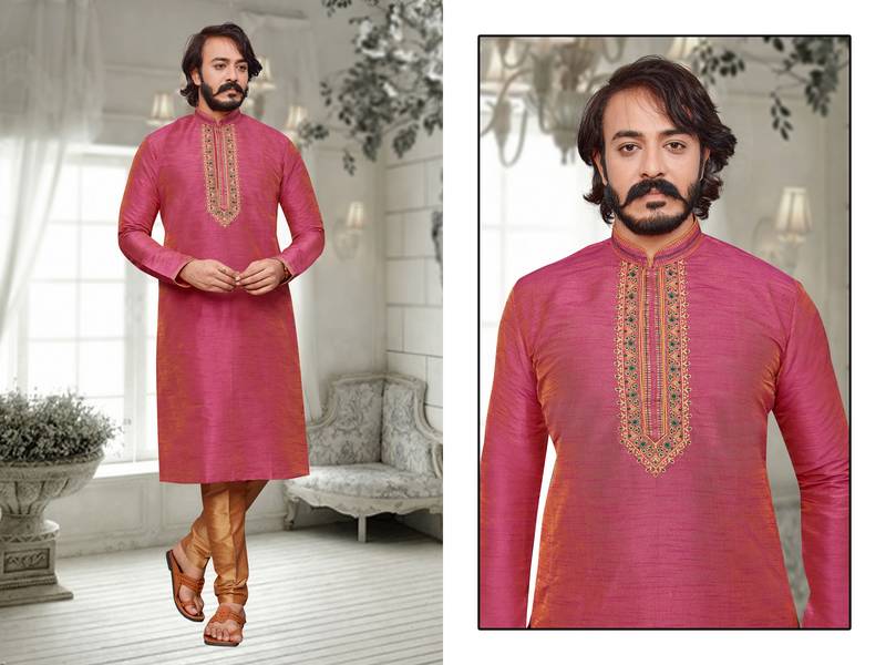 Pink color hand cottan silk kurta with payjama