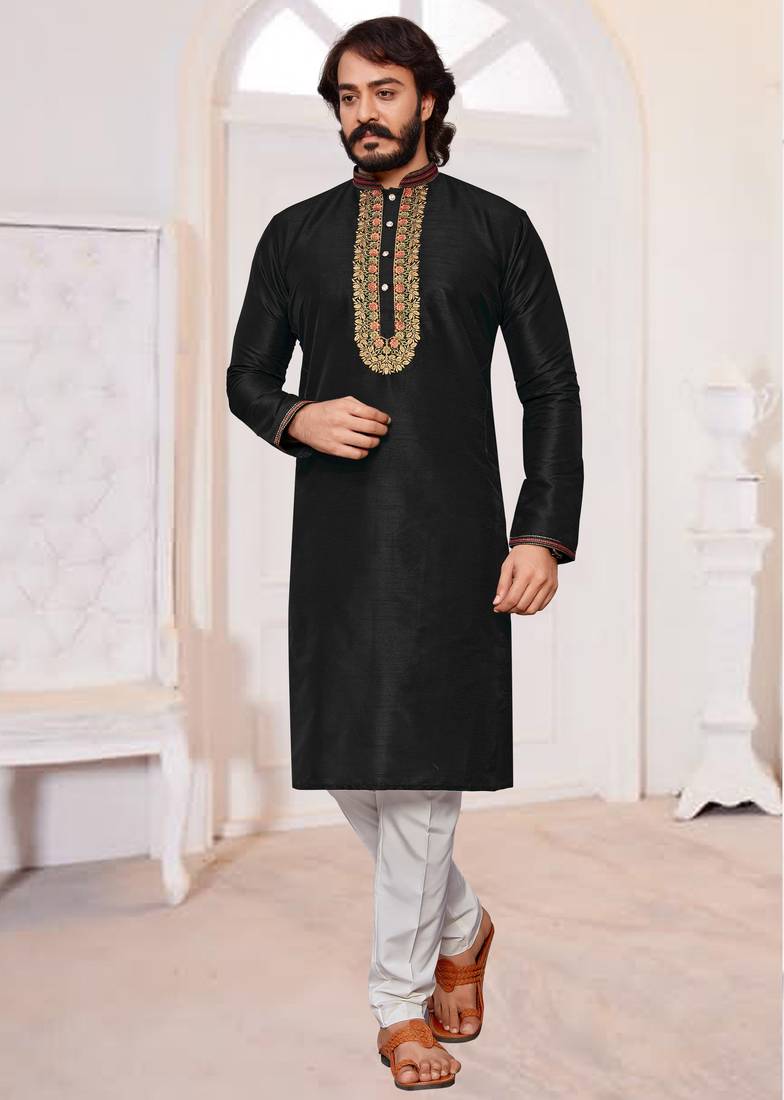 Black color hand cottan silk kurta with payjama