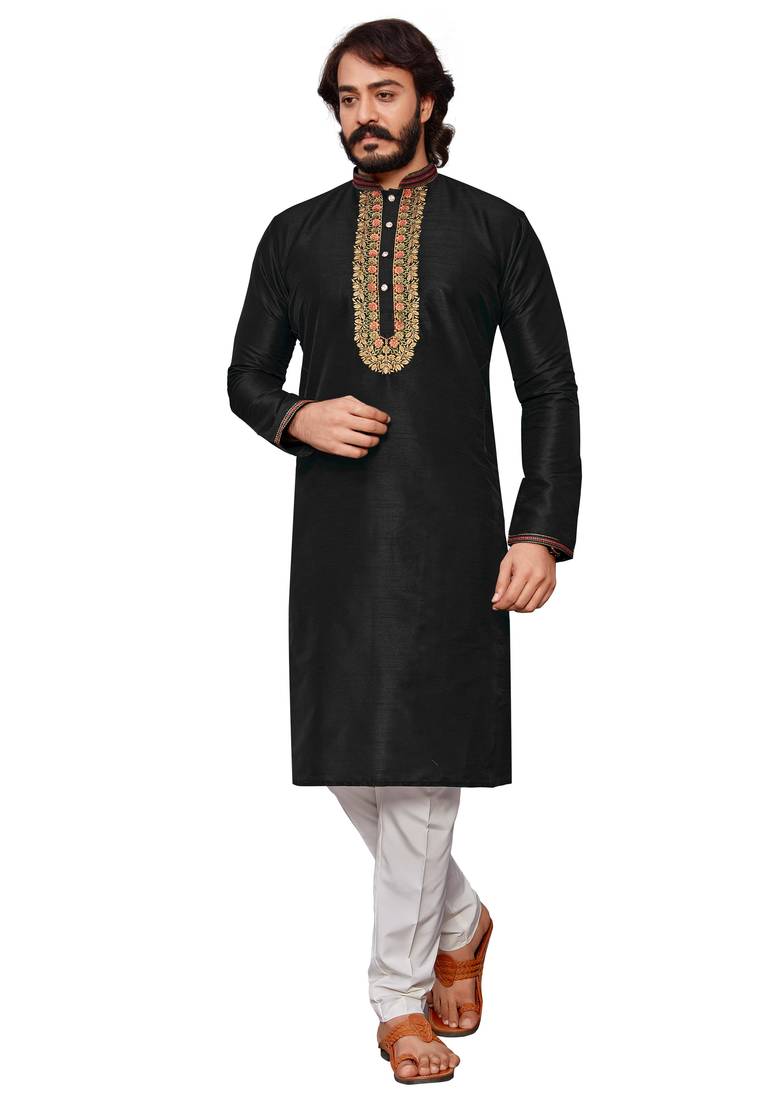 Black color hand cottan silk kurta with payjama