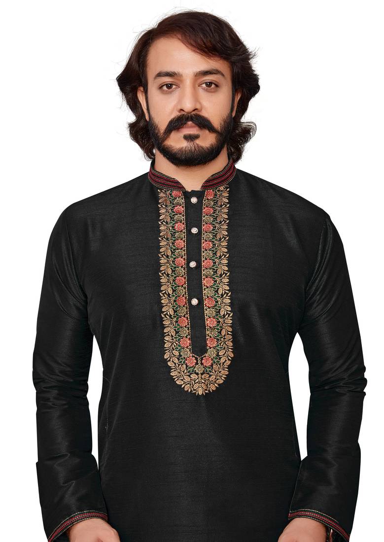 Black color hand cottan silk kurta with payjama